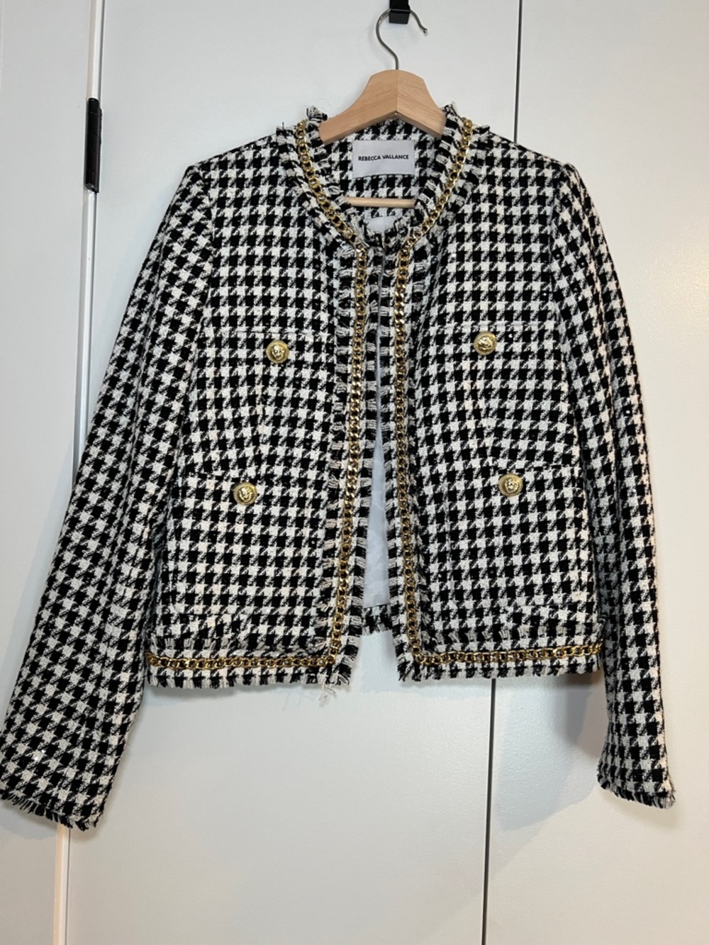 Rebecca Vallance Black & White Houndstooth Tweed Jacket with Gold Chain Trim